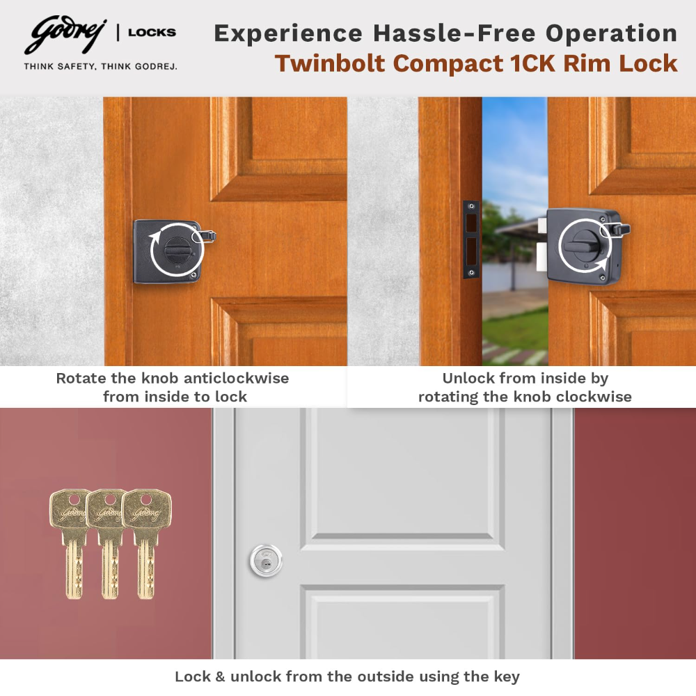 Godrej Rim Lock I Twin Bolt Compact 1Ck Latch Bolt I for Outside Opening Wooden Doors I Left or Right Handed Doors | Home Main Door | 3 Keys I Textured Black Finish |1 Year Warranty